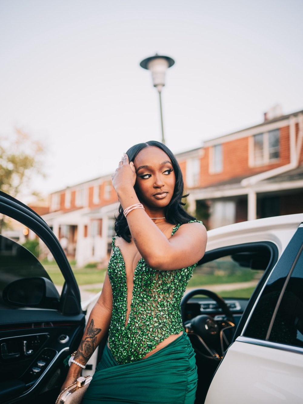 Green Embellished Plunging Evening Gown